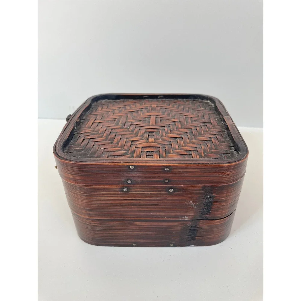 Vintage Woven Bamboo Box Square Brown Basket‎ Brass Latch